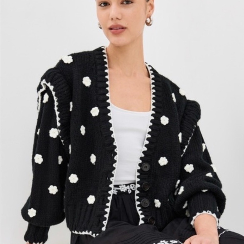 FARM Rio Black Cardigan with White Pom Dot Trim